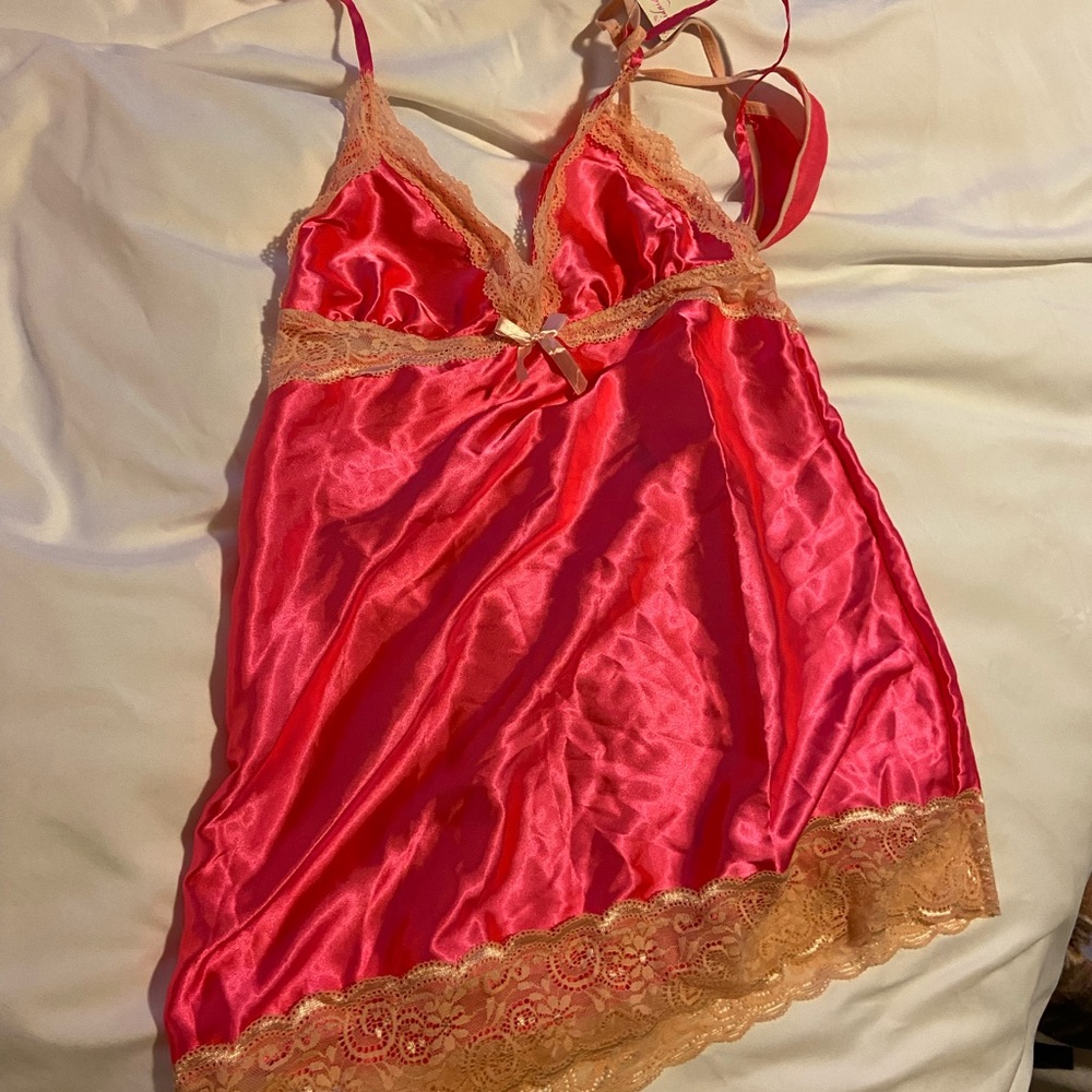 Satin and lace chemise and thong set